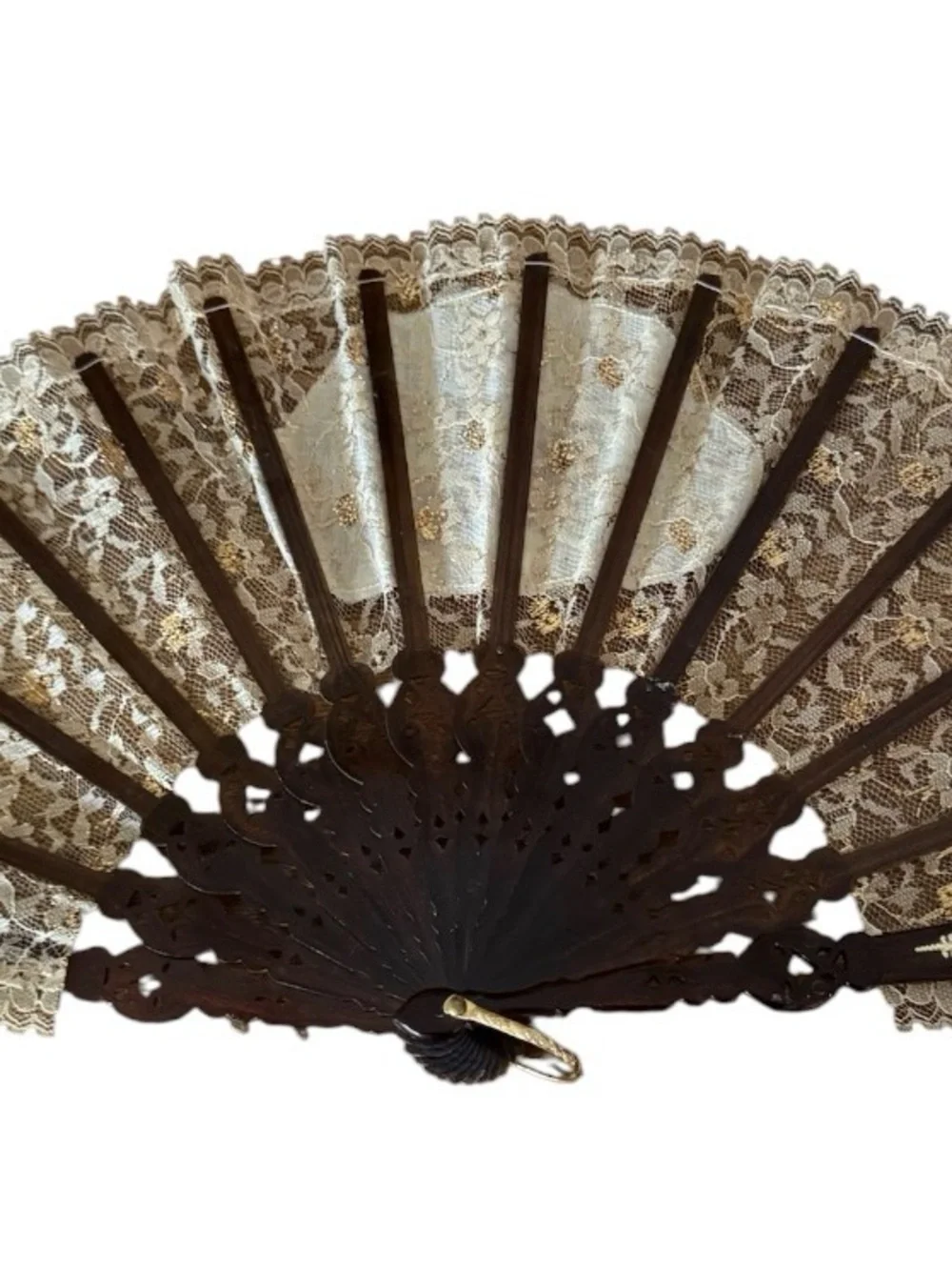 VTG Lace Decorative Hand Fan in Brown and Gold handcrafted in Spain “Flamenco”